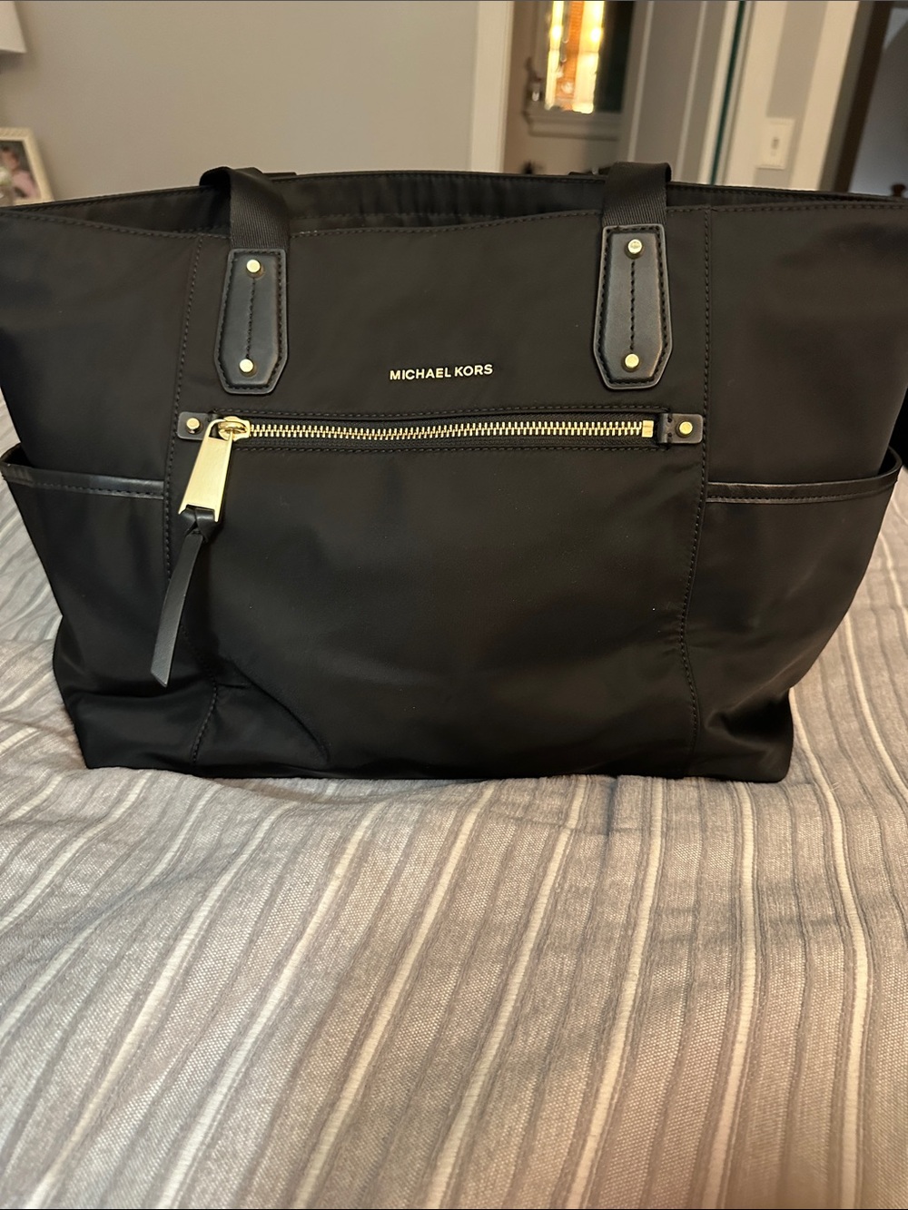 Michael Kors Black Nylon Tote with Front Zip and Gold Hardware